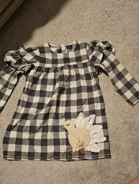 Girls Black & Cream Check Long-Sleeve Dress with Turkey Applique